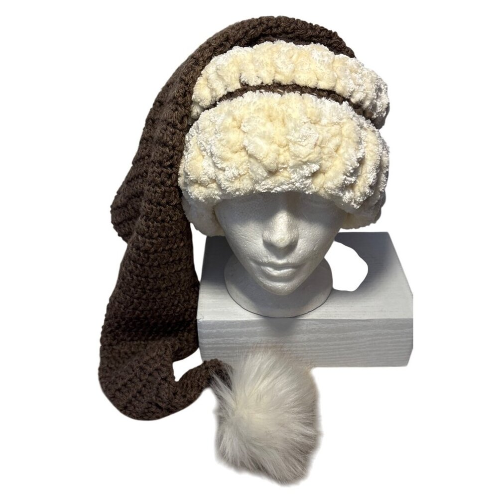 Handcrafted Brown & Cream Crocheted Elf Stocking Style Hat With Faux Fur Pom Pom